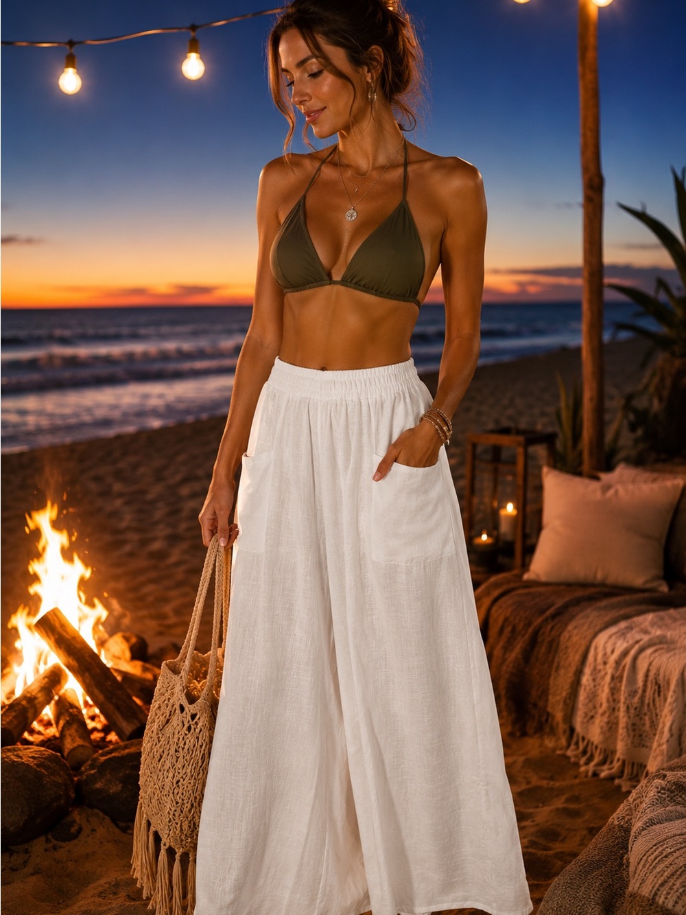 Zenana Women’s White Wide-Leg Linen like Pants with Pockets
